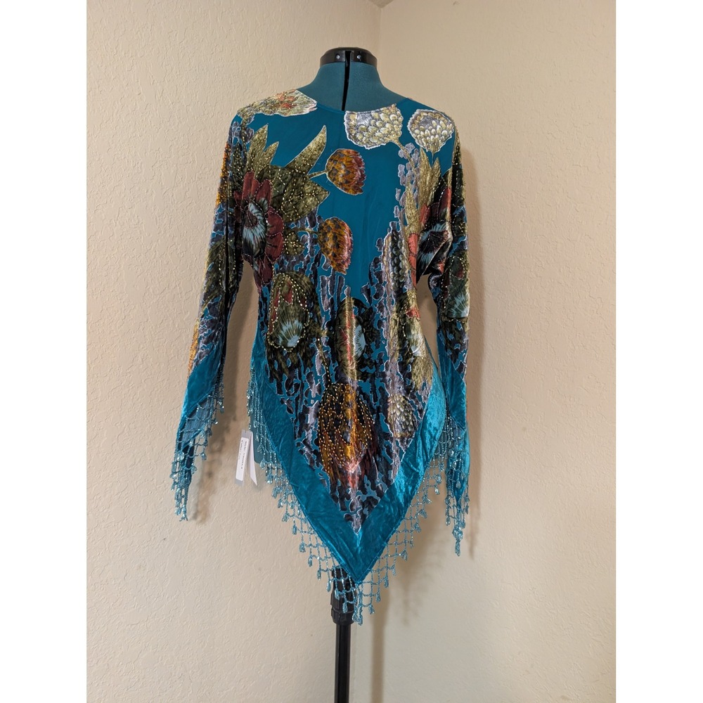 Aris.A Teal Silk Blend Burnout Velvet Beaded‎ Fringe Floral Poncho Top NWT